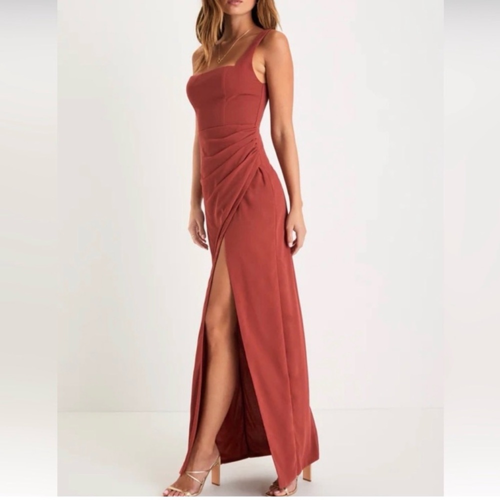 Lulus Glamorous Disposition Rust Ruched Maxi Dress size XS - Picture 6 of 7